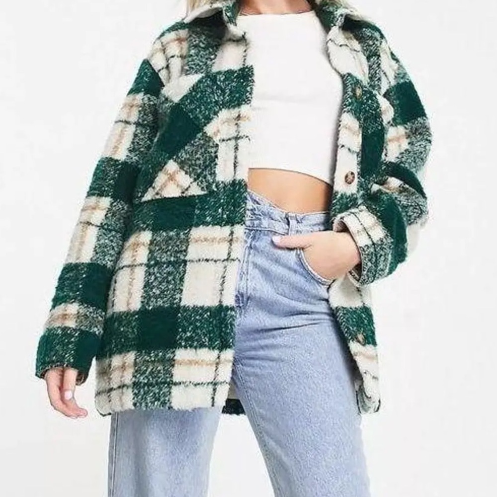 Abercrombie green plaid cozy shacket